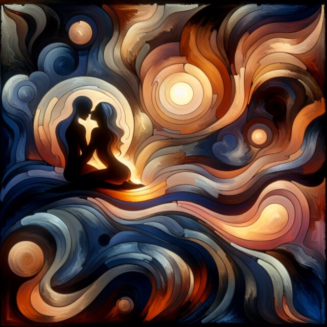Postcard artwork: two lovers in abstract color